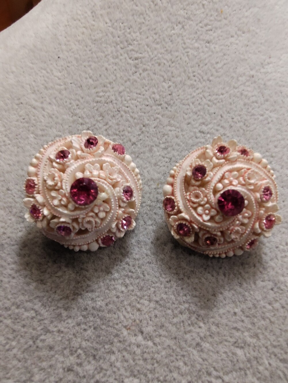 Vintage Carved Rose Celluloid Pink Rhinestone Button Earrings